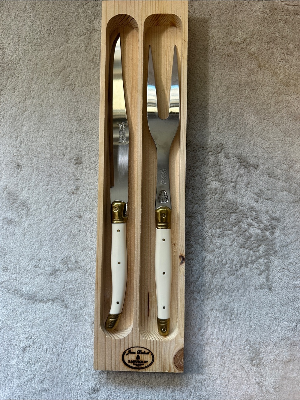 Jean Dubost Laguiole 2pc Serving Set Knife & Fork White Handles Wood Box